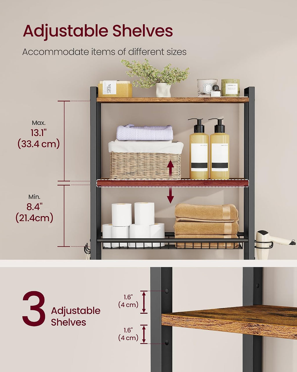 VASAGLE 3-Tier Over the Toilet Storage, Adjustable Shelves, Basket, 63''H