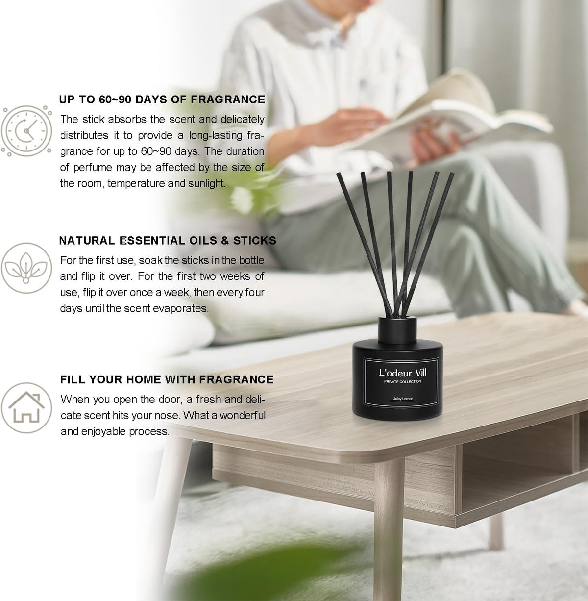 L'odeur Vill Reed Diffuser, 3.4oz(100ml) Juicy Lemon Reed Diffuser Set with 6 Oil Diffuser Sticks, Matte Black Aroma Scent Diffuser, Long Lasting Home Fragrance for Bathroom Shelf Decor