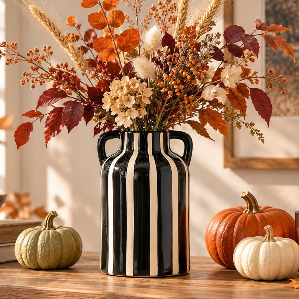 SURE YUESI Black Ceramic Vase with Handles, 9.1 Inch Striped Flower Vase for Halloween Decor, Modern Farmhouse Vase for Pampas Grass, Shelf Decor, Dining Table Centerpiece
