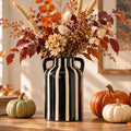 SURE YUESI Black Ceramic Vase with Handles, 9.1 Inch Striped Flower Vase for Halloween Decor, Modern Farmhouse Vase for Pampas Grass, Shelf Decor, Dining Table Centerpiece