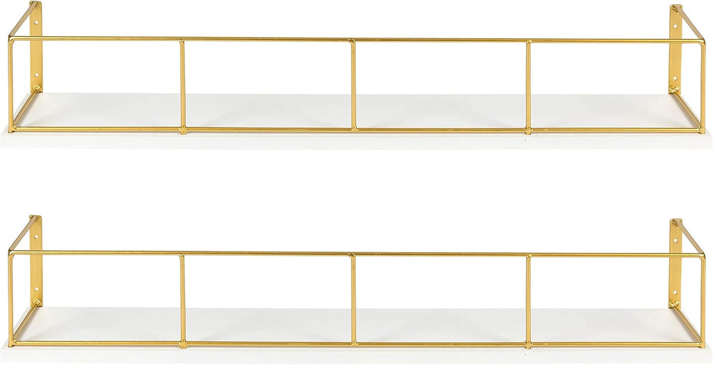 Kate and Laurel Benbrook 24 inch 2-Pack Wood and Metal Floating Wall Shelves, White and Gold
