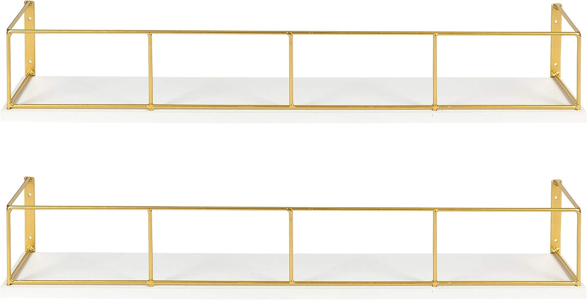 Kate and Laurel Benbrook 24 inch 2-Pack Wood and Metal Floating Wall Shelves, White and Gold