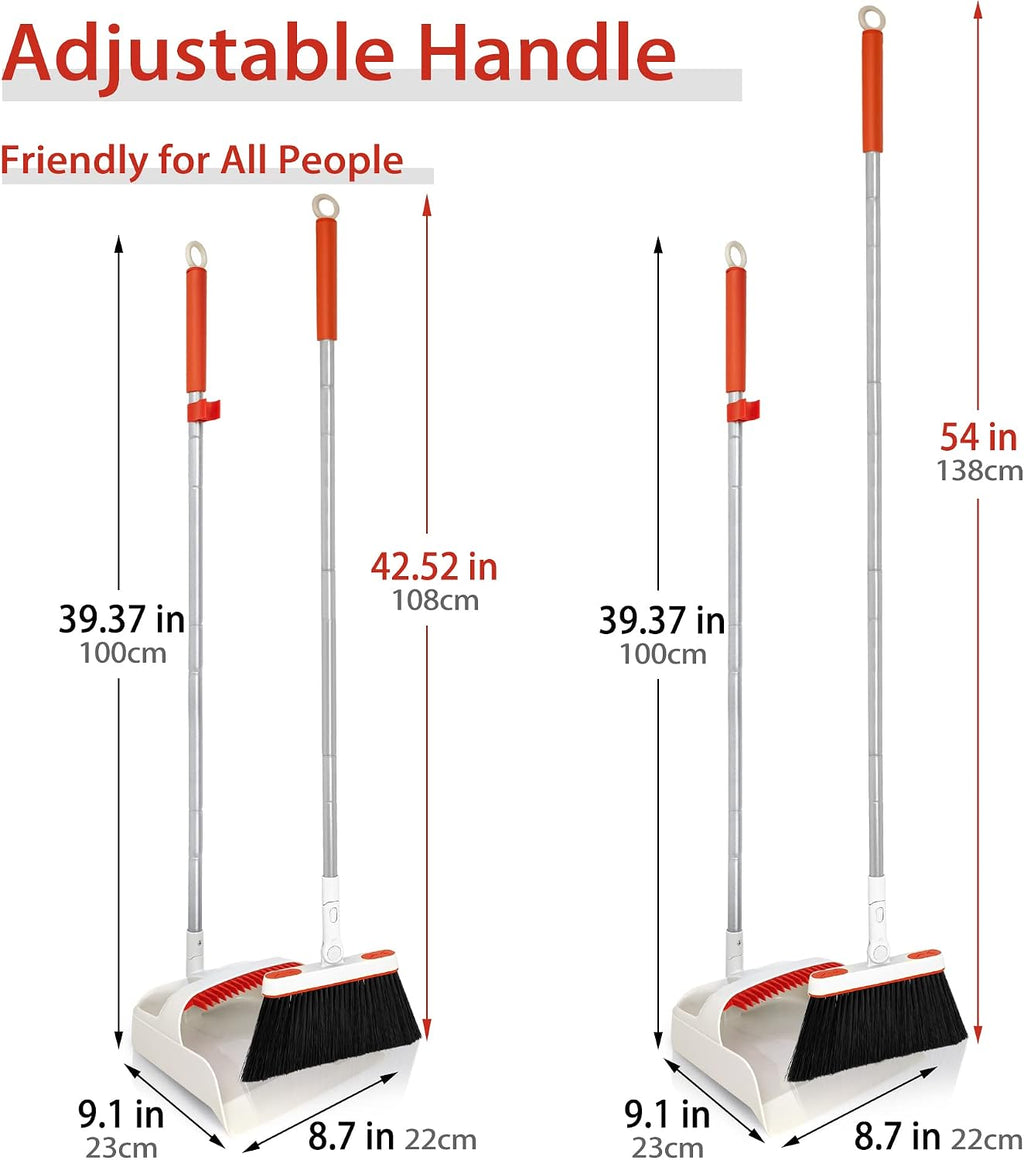 JEHONN Broom and Dustpan Set for Home Room Kitchen Office, Long Handle Lightweight 180 Degree Rotating Broom, Upright Standing Dust Pan with Comb Teeth