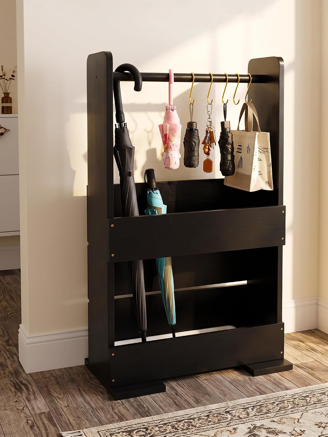 Solid Wood Umbrella Stand with Removable Drip Tray 5 Hooks