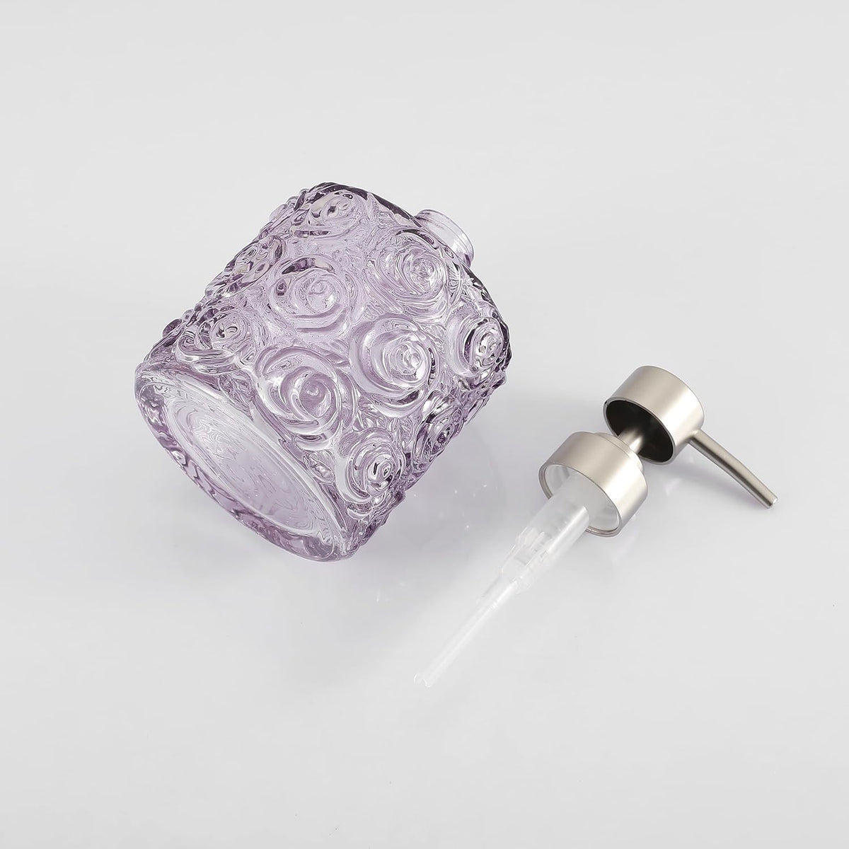 Marcella Glass Soap Dispenser with Soap Pump, Refillable 14 Ounce Capacity, Floral Design Rose Patterns, Heavy Weight Thick Glass for Bathroom, Premium Kitchen Soap Dispenser Lavender