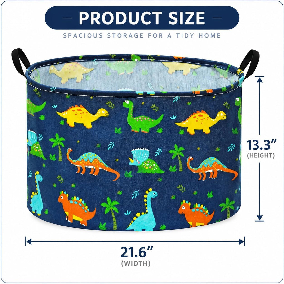 Dinosaur Storage Basket, Large Collapsible Toy Storage Bin with Handles, Cotton Linen Blend Fabric Laundry Basket for Bedroom, Playroom, Nursery, Closet and Home Organization, Navy Blue