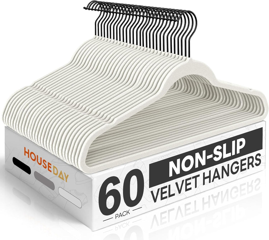 HOUSE DAY White Velvet Hangers 60 Pack, Non Slip Felt Hanger +Black Hook