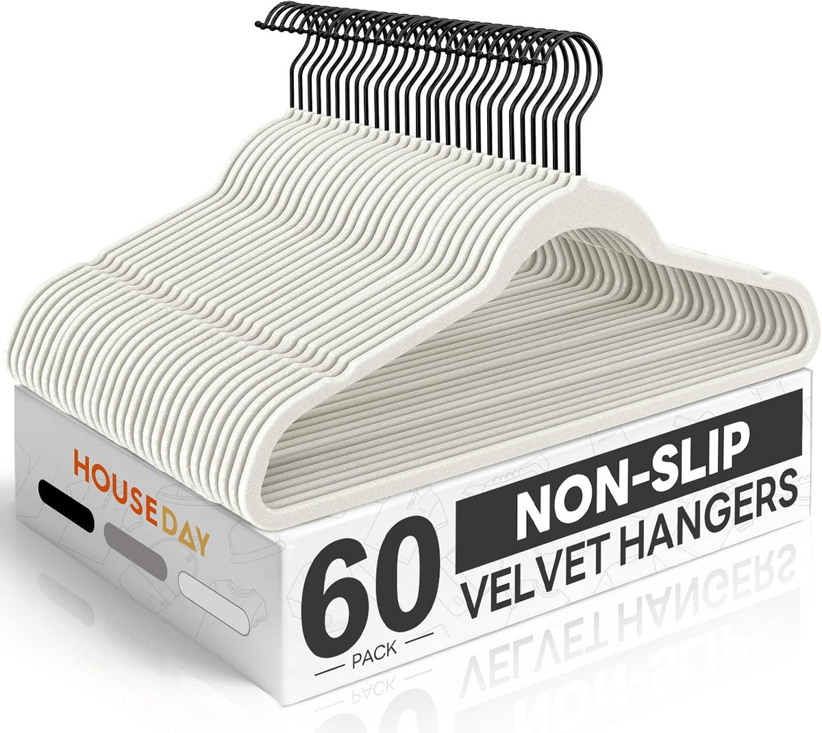 HOUSE DAY White Velvet Hangers 60 Pack, Non Slip Felt Hanger +Black Hook