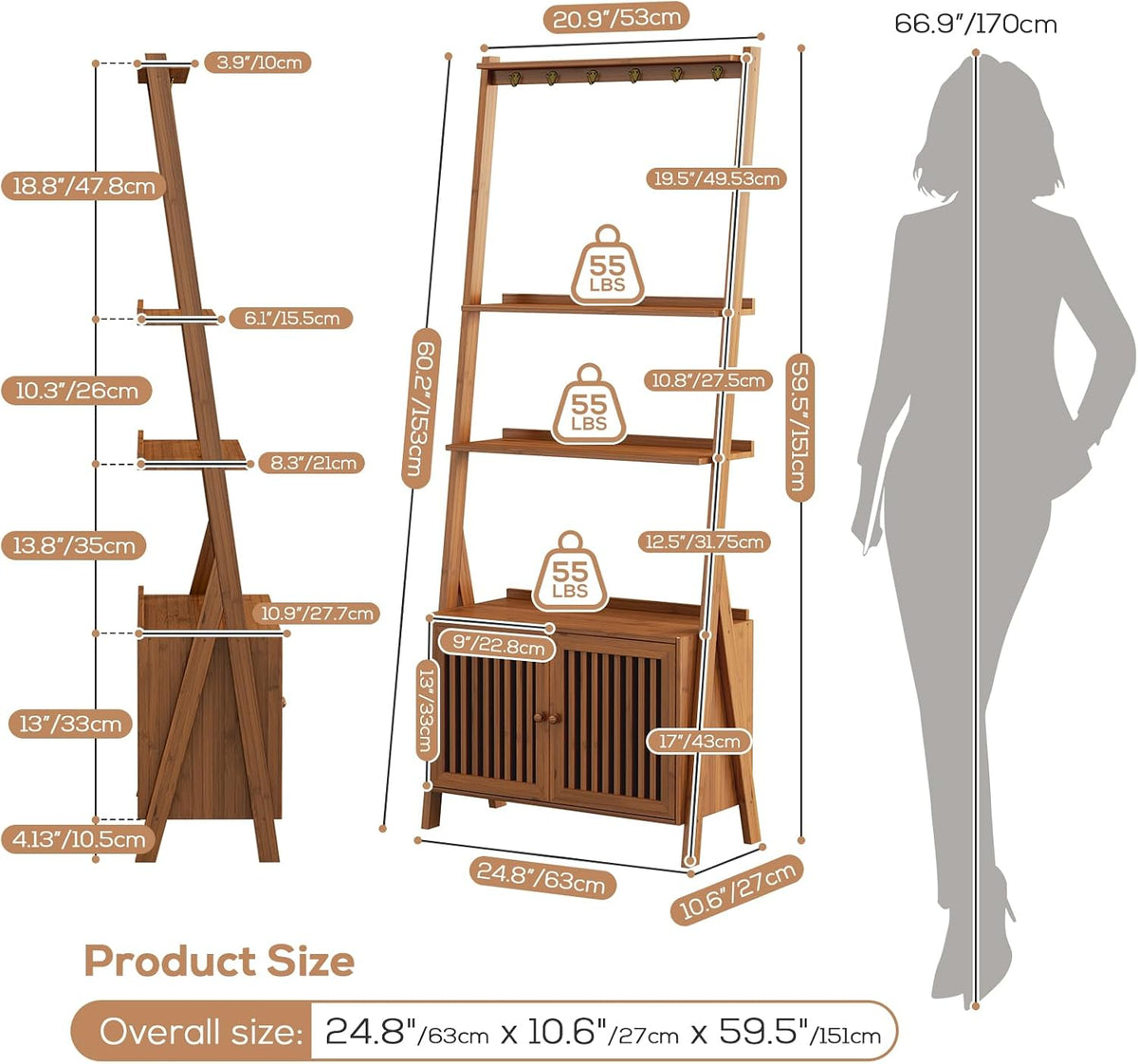 Bookcase with Drawers, Ladder Shelf 4-Tier Bamboo Bookshelf with 6 Hooks