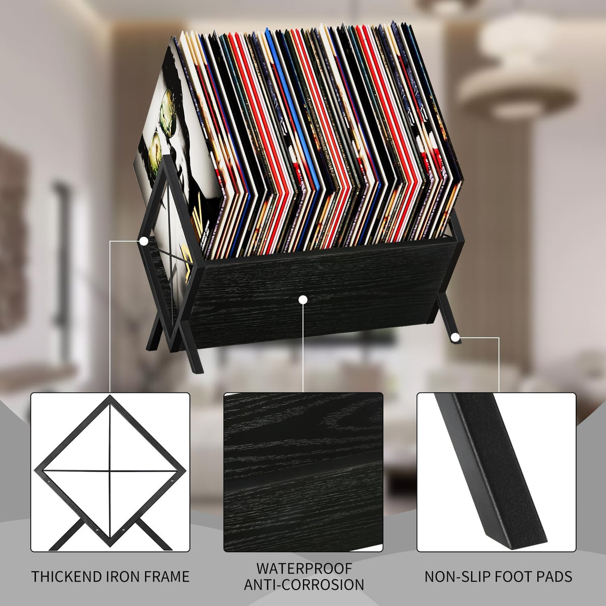 YINMIT Vinyl Record Holder - 80-100 LP Vinyl Record Storage Rack, Quick Assembly Display, Retro Style Organizer for Magazine, Book, Files, Albums (Black, 1 Tier)