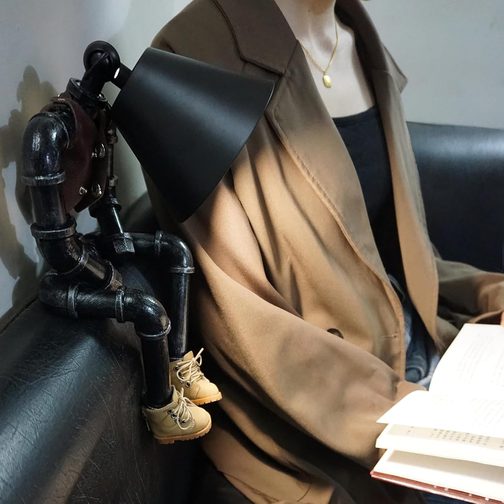 Steampunk Cowboy Robot Table Lamp, Boots & Vest Jacket Design with Metal Pipe Industrial Robot Lights, Adjustable Brightness Cool Desk Lamp,Unique Retro Decor & Creative Art Gifts for Men