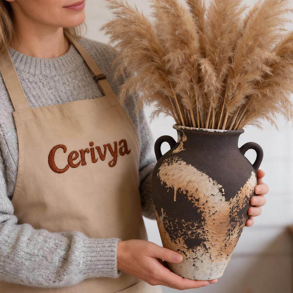 Brown Ceramic Clay Vase with Handles, Vintage Flower Vase for Home Decor