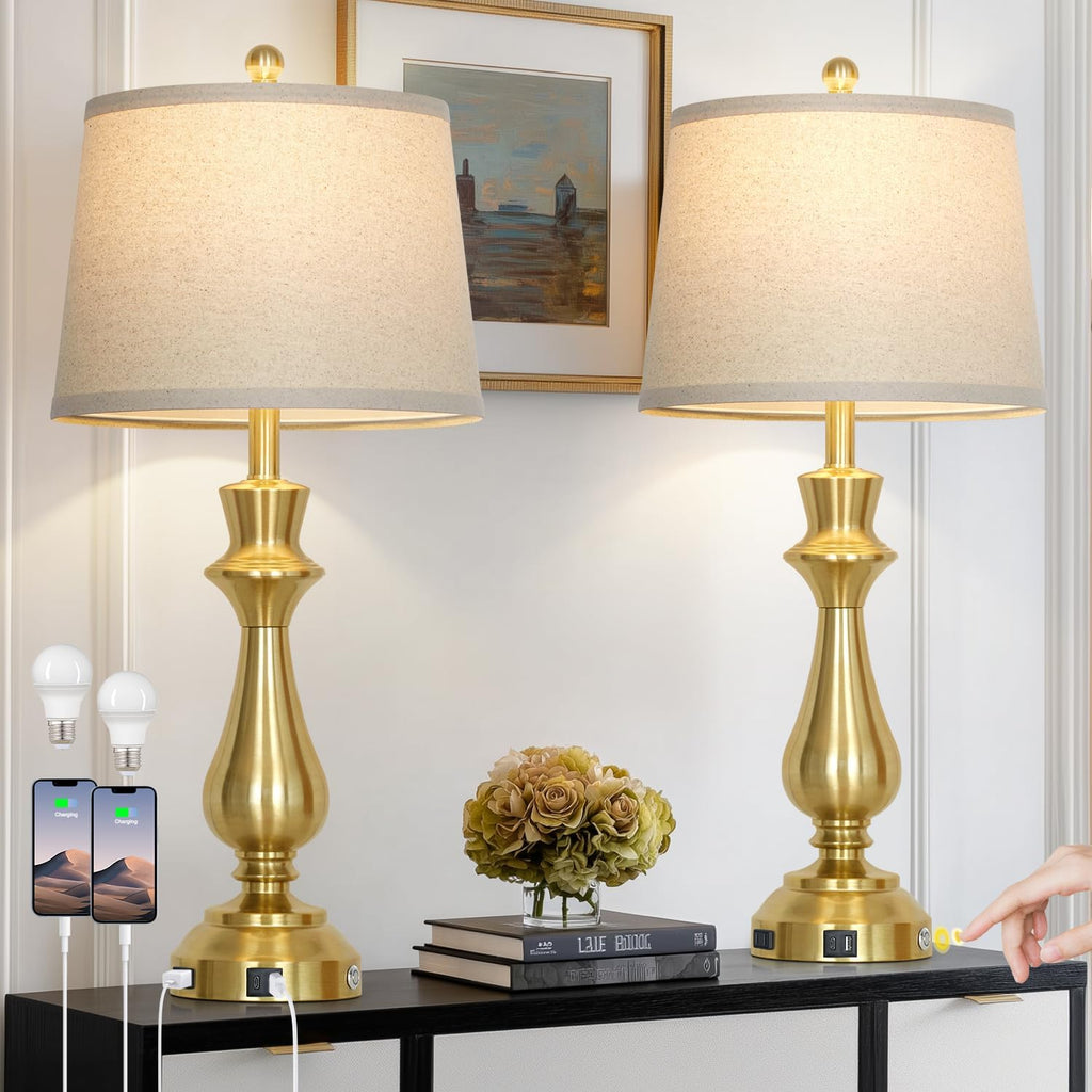 Modern Gold Table Lamps Set of 2 for Living Room,30" Tall Bedside Lamp with USB Charging Port,3-Way Dimmable Touch Nightstand Lamp for Bedroom Desk Side Table Office,Gold