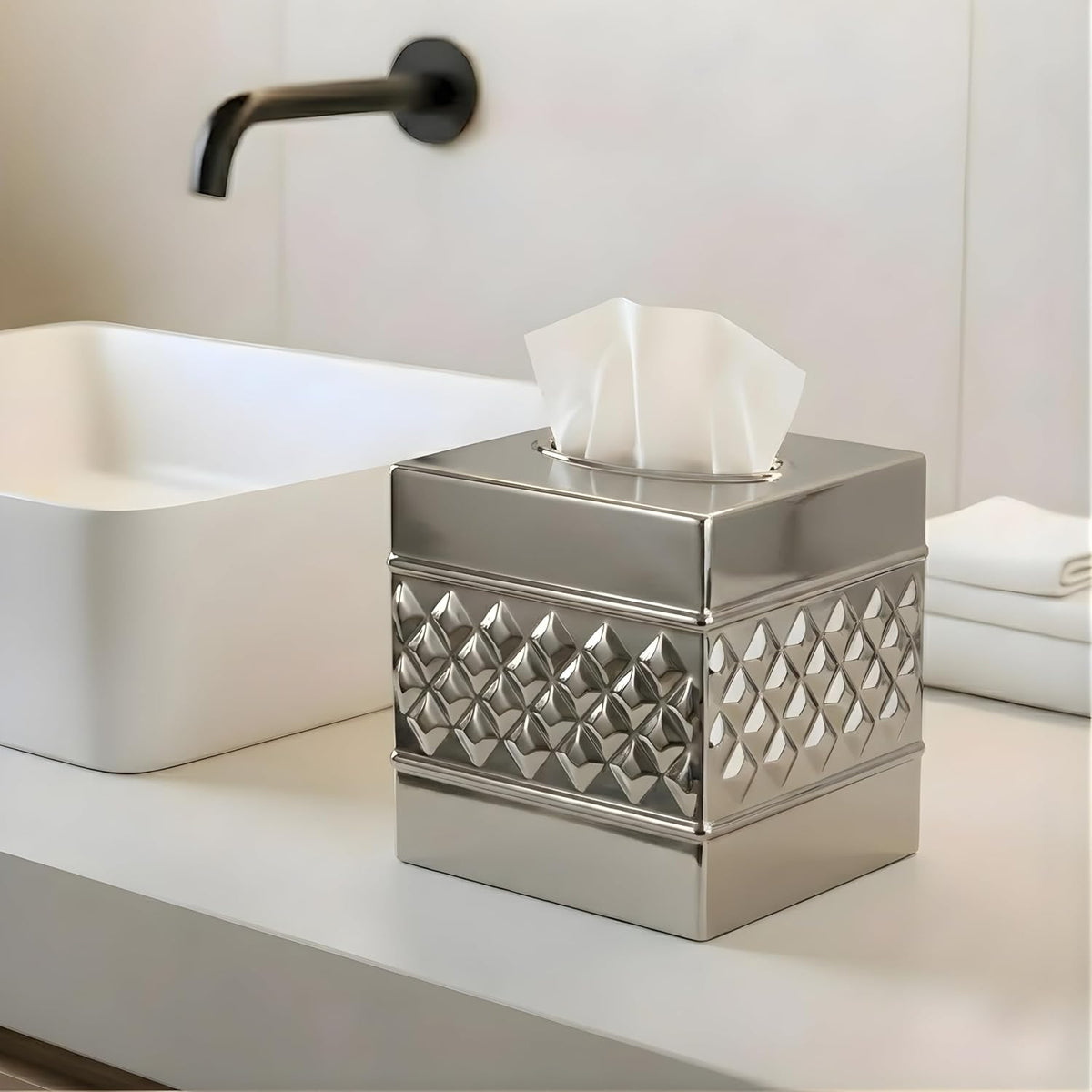 Monarch Abode Tissue Box Cover Square – Handcrafted Geo Embossed Nickel Chrome Finish Metal Tissue Holder Box for Bathroom Accessory, Aesthetic Decorative Facial Napkin Cube for Modern Home Décor