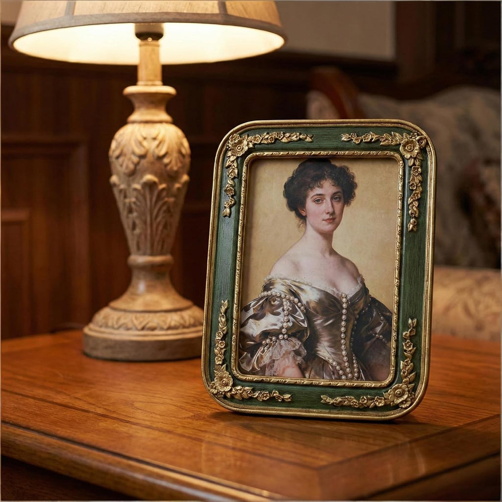 5 x 7 Picture Frame, Ornate Floral Embossed Victorian Style Decorative Photo Frame, Green Gold Vintage Picture Frames 5x7 with Glass Front for Tabletop, Shelf, Mantel or Wall Hanging, Traditional Vintage Home Décor (Green, 5X7)