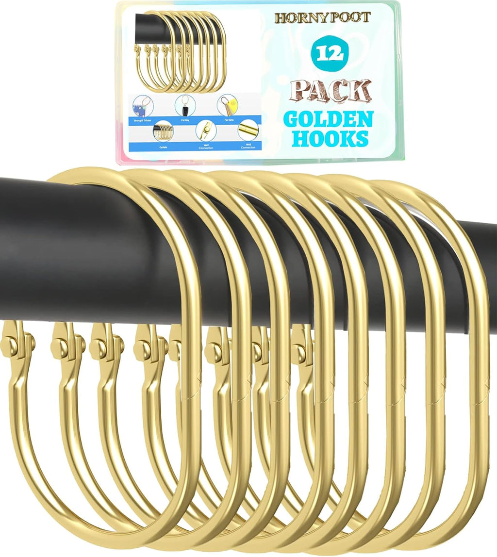12 Pack Gold Shower Curtain Hooks,Gold Shower Curtain Rings,Brushed Nickel Shower Curtain Hooks Rust Proof, Metal Rust Proof Anti-Drop Smooth Shower Hooks for Shower Curtain (gold-12pack)