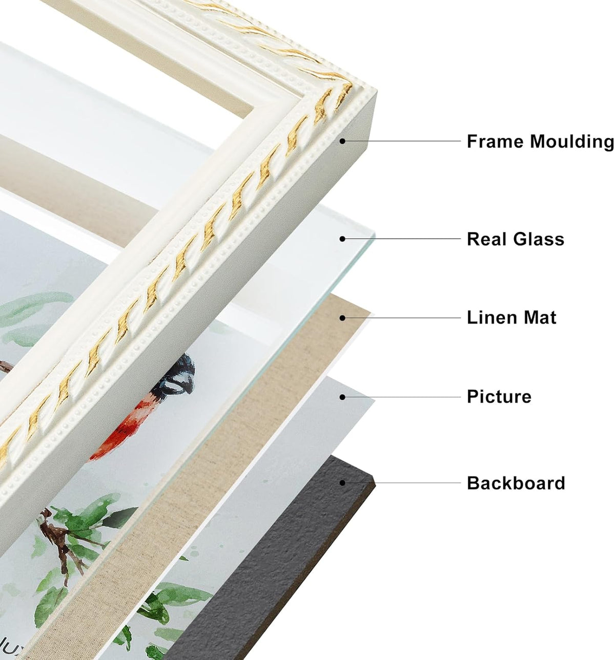 11x14 Picture Frame Pine Wood with Real Glass, Gold-Toned Synthetic Rope Edging, Linen Matted to 8x10, Vertical and Horizontal for Wall Hanging, White