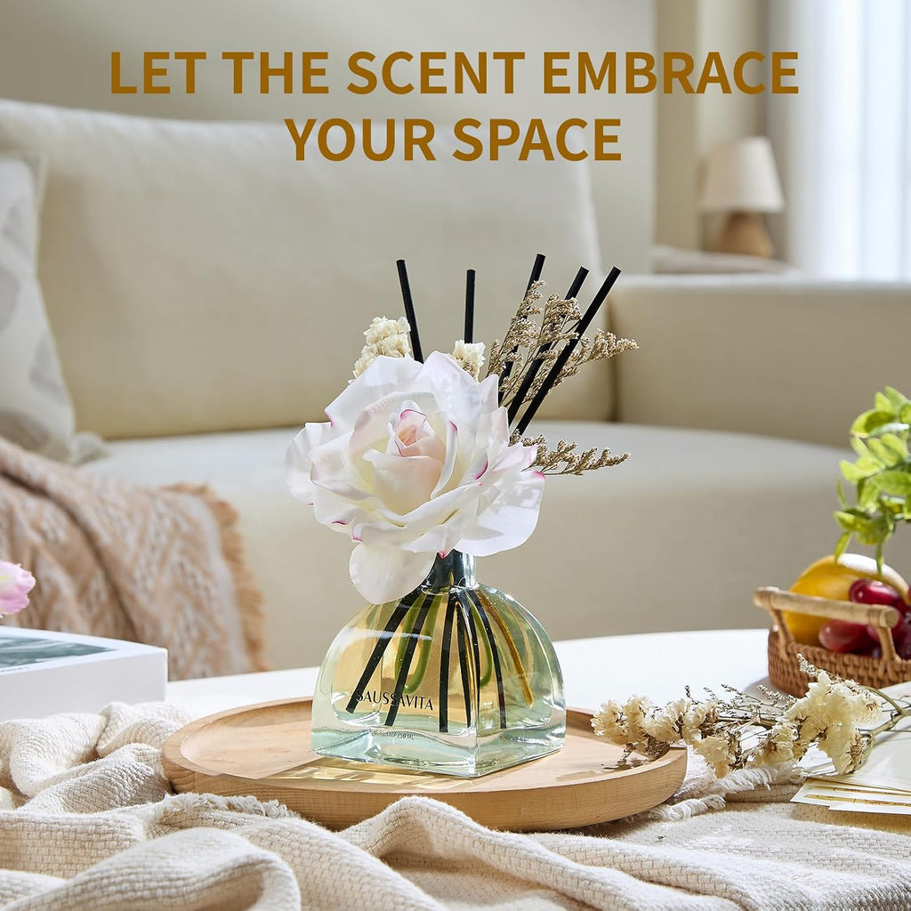Reed Diffusers Set Jasmine&Lily Scented Diffuser for 140 Days, Flower Diffuser 8.5 fl oz with Dried Flowers and Decorative Rose, Long Lasting Home Fragrance 10 Sticks for Bedroom, Shelf, Office Decor