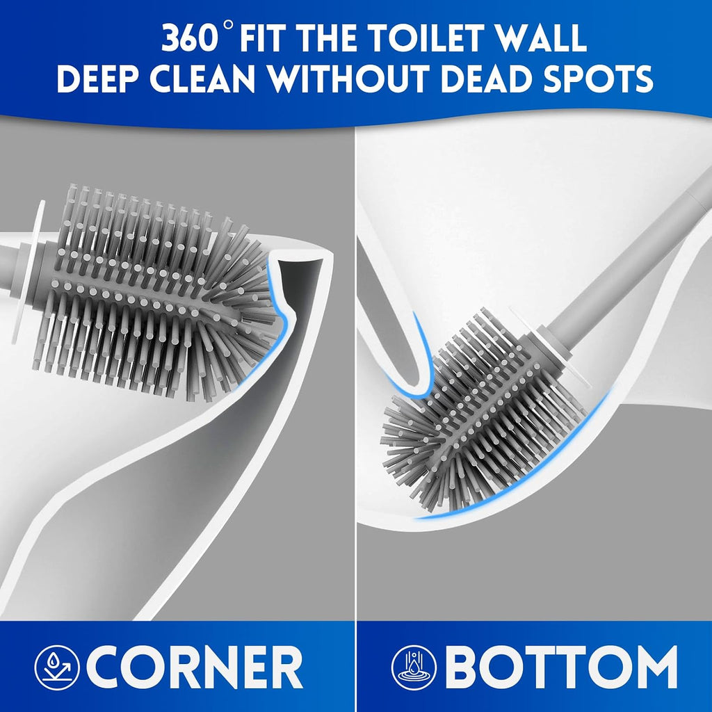 Y-in Hand Toilet Brush and Holder Set, Silicone Toilet Bowl Cleaner Brush Bristles, Bathroom and RV Cleaning Tools, Space Saving Toilet Scrubber, Wall Mountable. (Grey)
