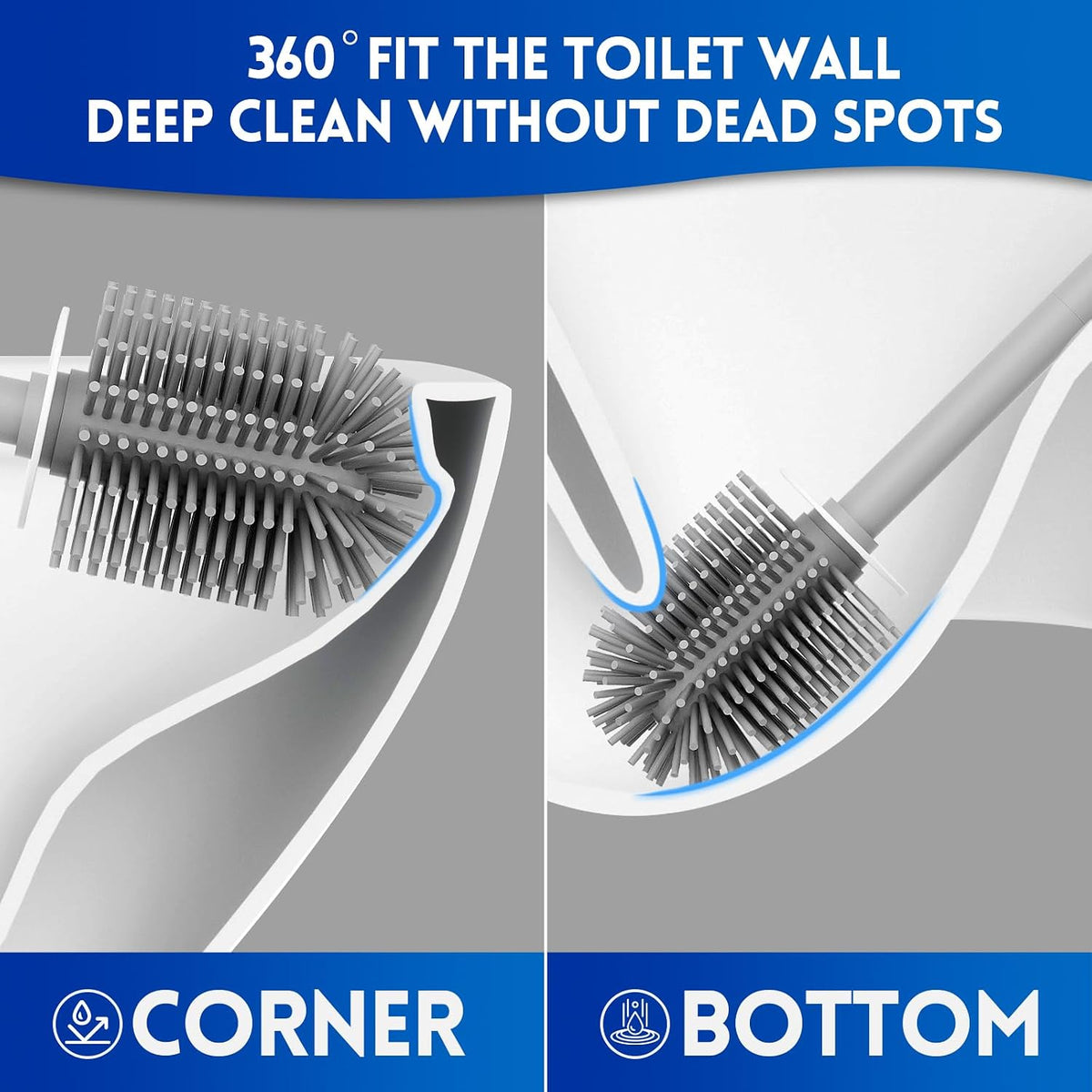 Y-in Hand Toilet Brush and Holder Set, Silicone Toilet Bowl Cleaner Brush Bristles, Bathroom and RV Cleaning Tools, Space Saving Toilet Scrubber, Wall Mountable. (Grey)