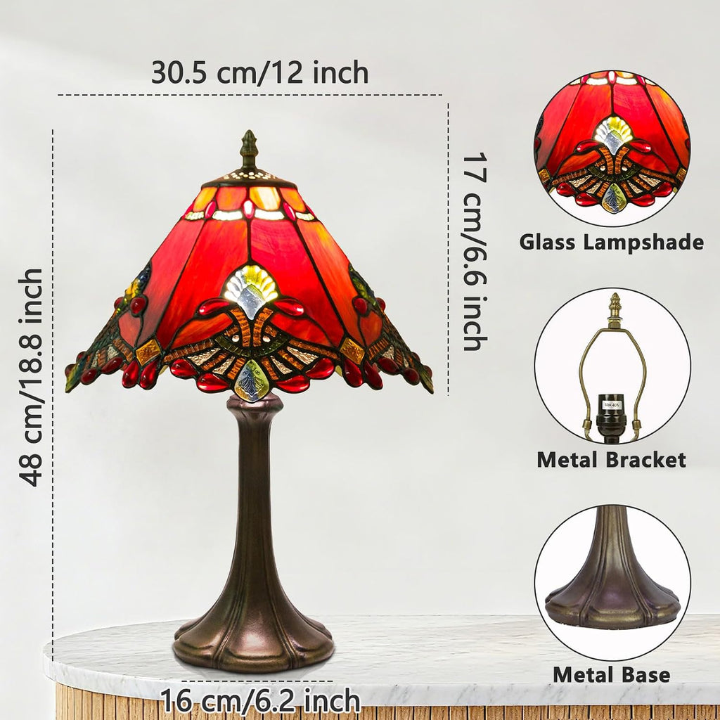 Tiffany Style Lamp,Red,Remote Brightness & Temp Control,12 Inch