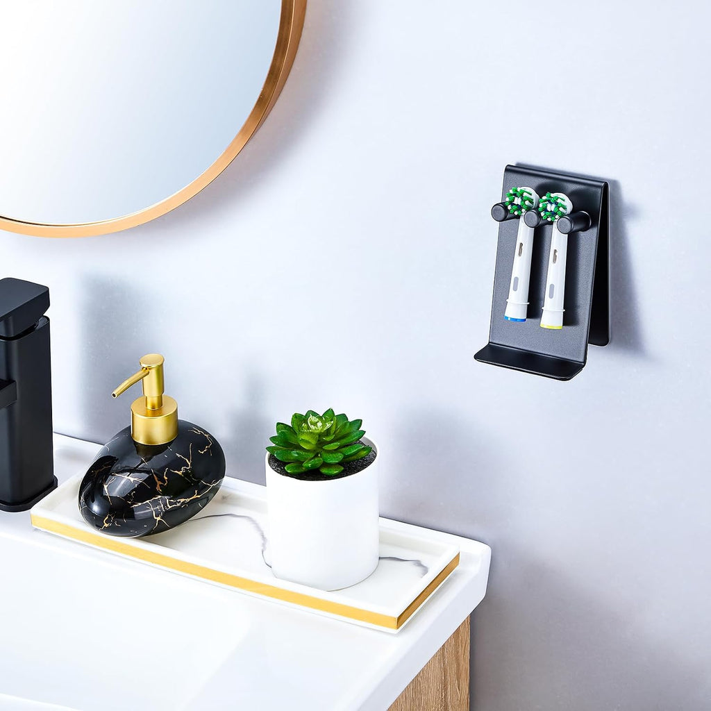 Electric Toothbrush Head Holder, Self Adhesive or Desktop Tooth Brushing Holder, Wall Mounted Toothbrush Holders Shower Bathroom, Tooth Brush Holder Organiser (Black, Small)