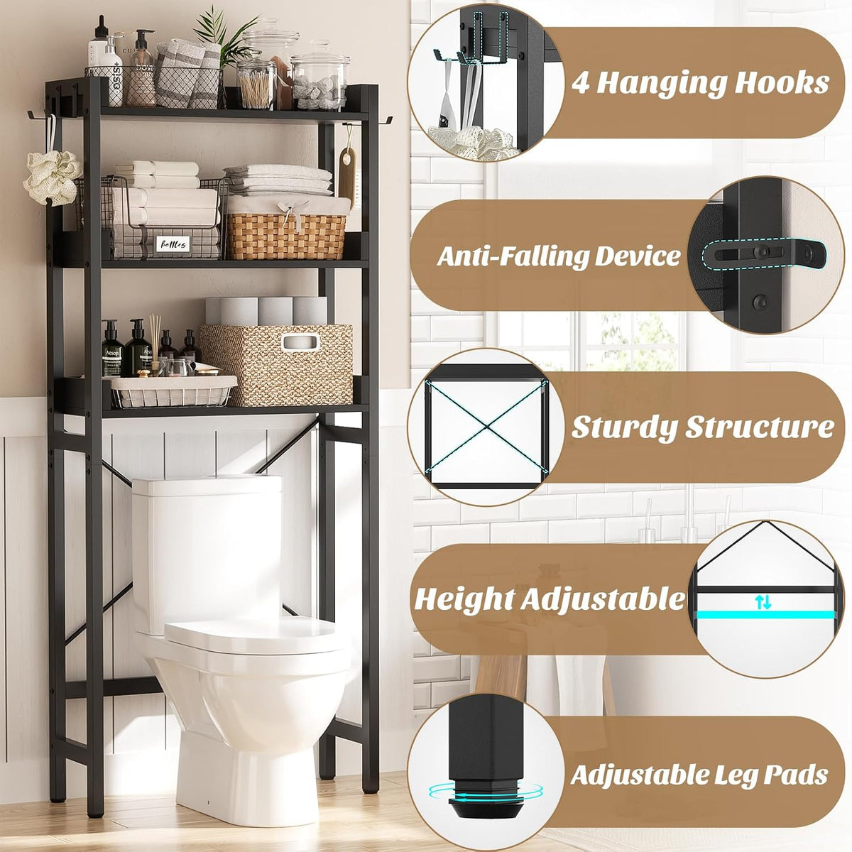 Ecoprsio Over-The-Toilet Storage Rack, 3-Tier Bathroom Organizer Shelf Over Toilet, Freestanding Space Saver Toilet Stands with 4 Hooks, Black