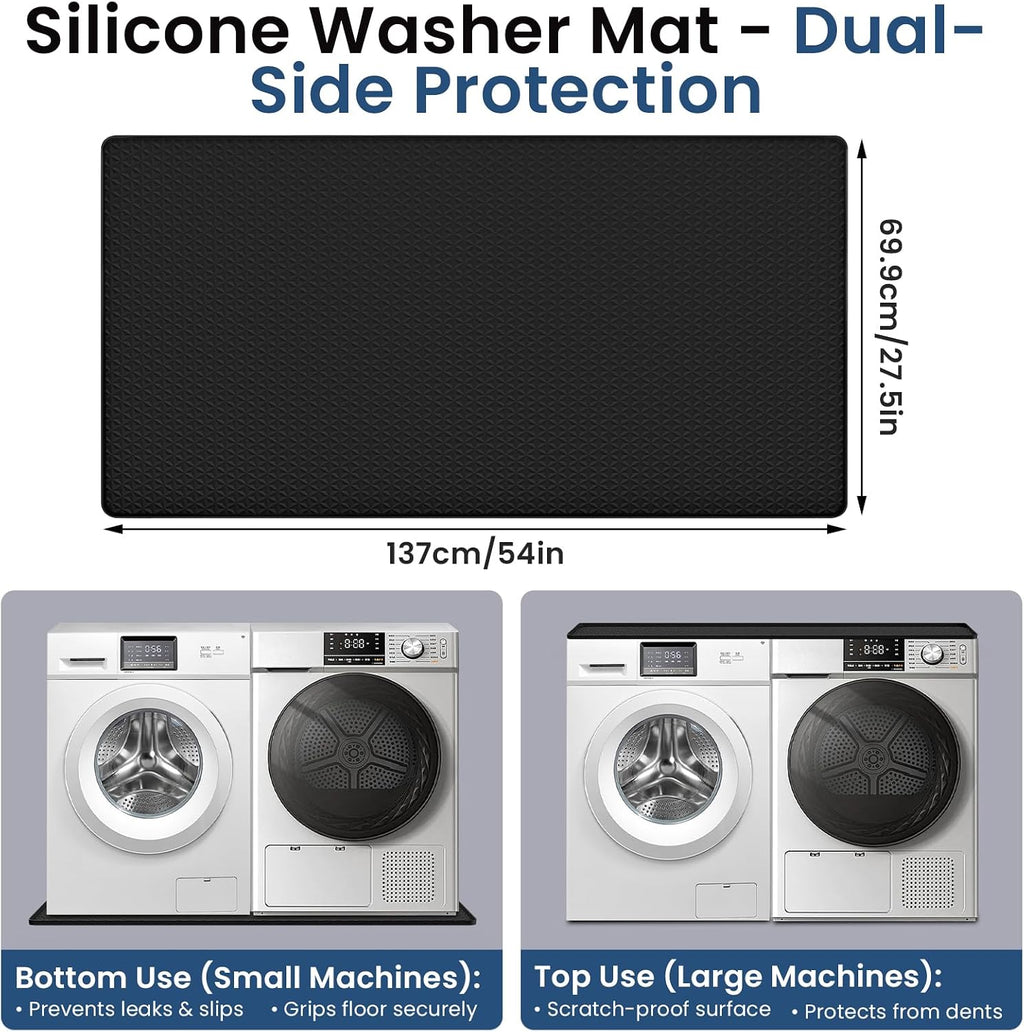 Large Washing Machine Mat 54" x 27.5" Silicone Under Washer Dryer Pan Black
