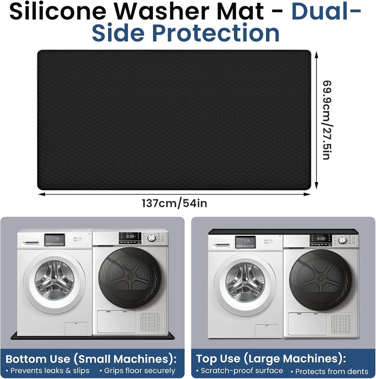 Large Washing Machine Mat 54" x 27.5" Silicone Under Washer Dryer Pan Black