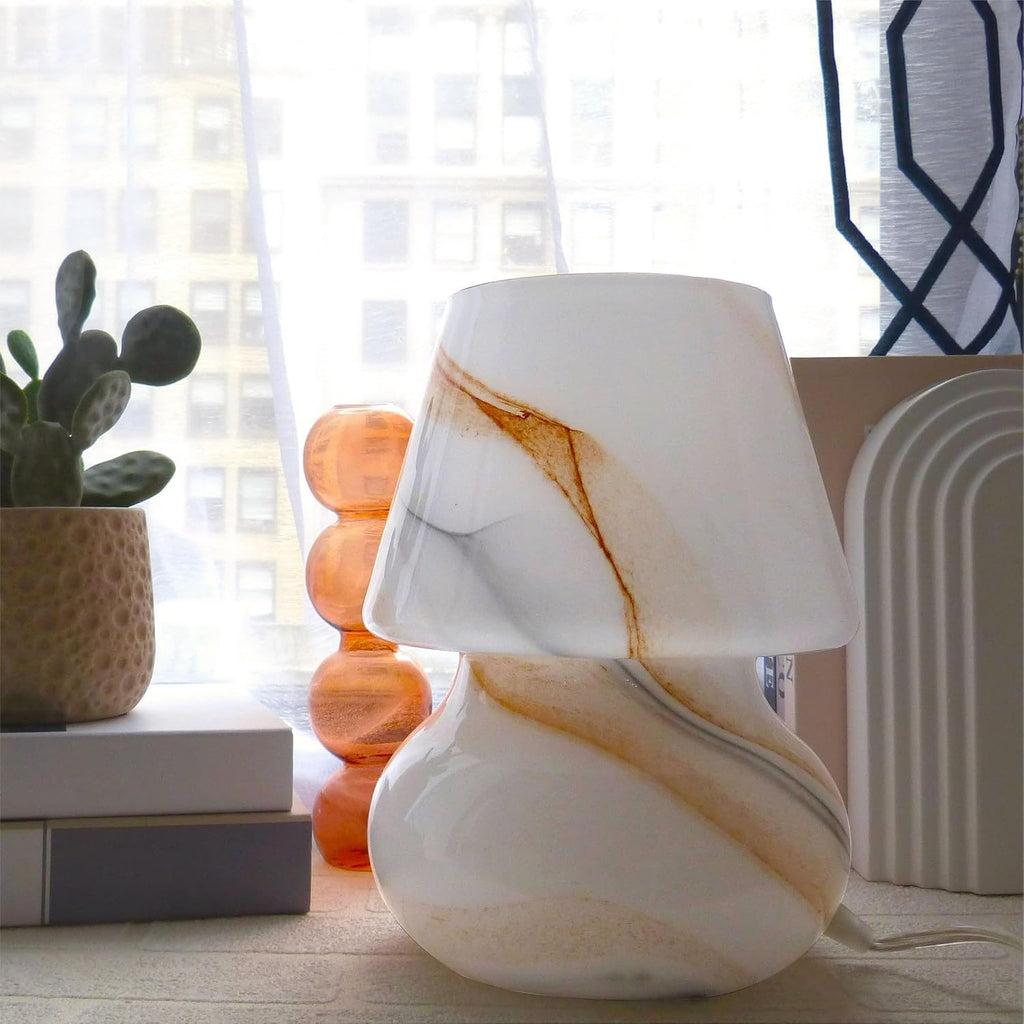 Urban Lifestyle Modern Mushroom Marble Glass Table Lamp with Soft Ambient Glow, Elegant White & Amber Swirl Design Bedside Lamp for Bedroom, Living Room, Dorm, Office Desk Lighting