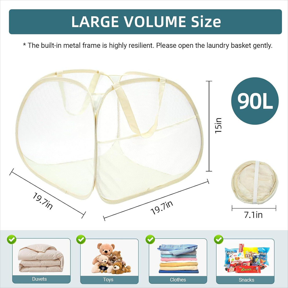 Collapsible Laundry Baskets, 90L Large Foldable Laundry Basket, Durable Mesh Pop Up Hampers for Laundry, Dirty Clothes Laundry Hamper for Bedroom, Bathroom, Dorm, Laundry Room, Travel, Camping Beige