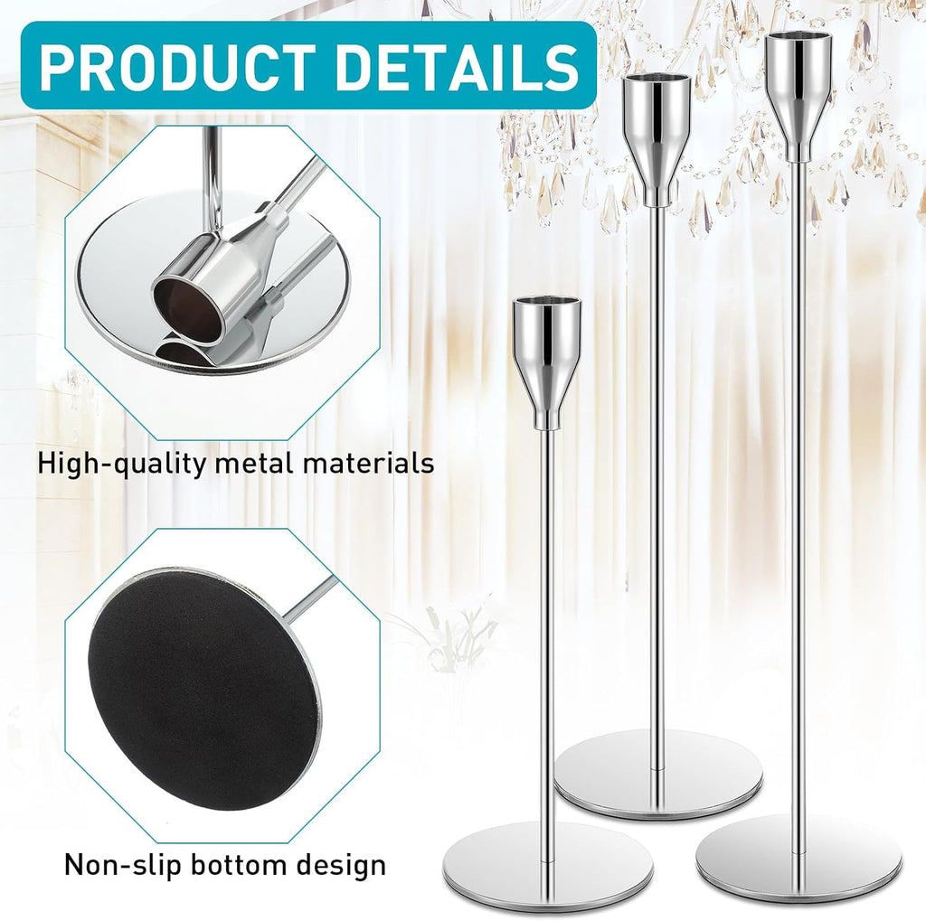 18 Pcs Silver Tall Taper Candle Holders, 3 Sizes, Fits 3/4" Candles