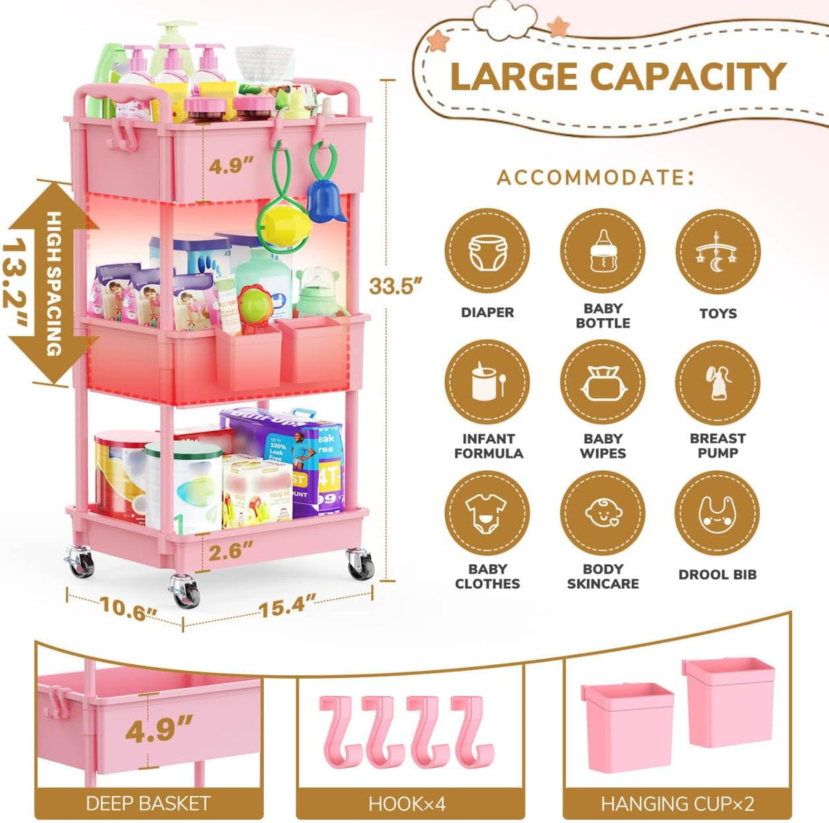 Goovilla Diaper Cart with Lockable Wheels and Easy Assembly, 3 Tier Pink