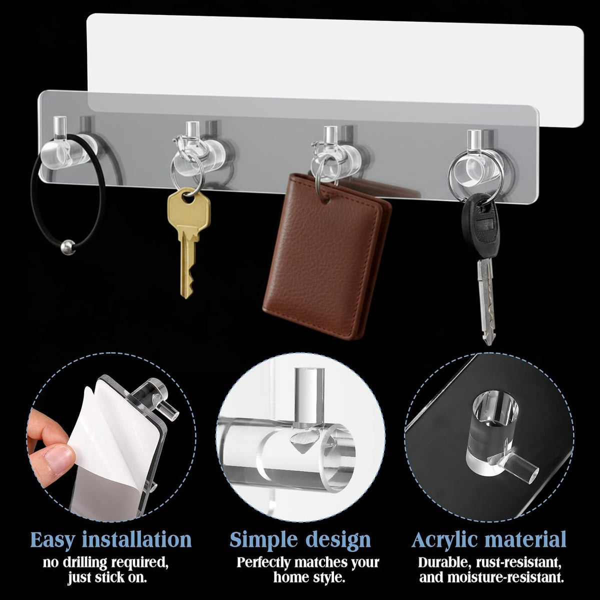 1 Pcs Adhesive Key Holder for Wall Acrylic with 4 Hooks, Transparent