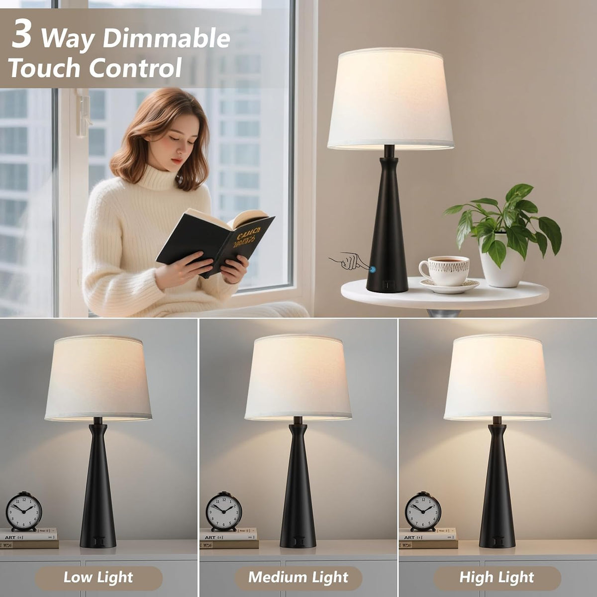 Modern Touch Lamp for Nightstand, 3 Way Dimmable Bedroom Lamp(Single)