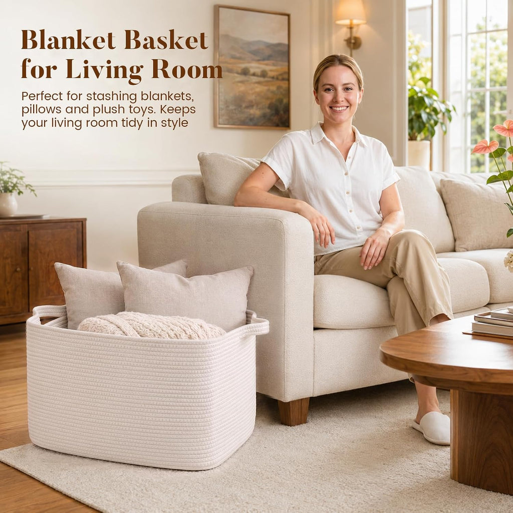 65L Large Woven Blanket Basket for Living Room, 19.7"x15.7"x11.8"