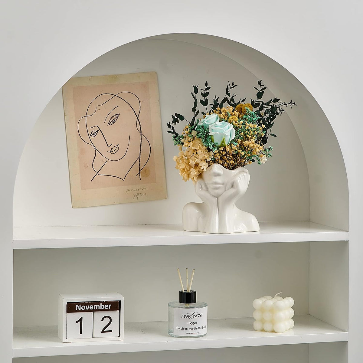 FJS Ceramic Face Vase, White Flower Vase for Table Decor