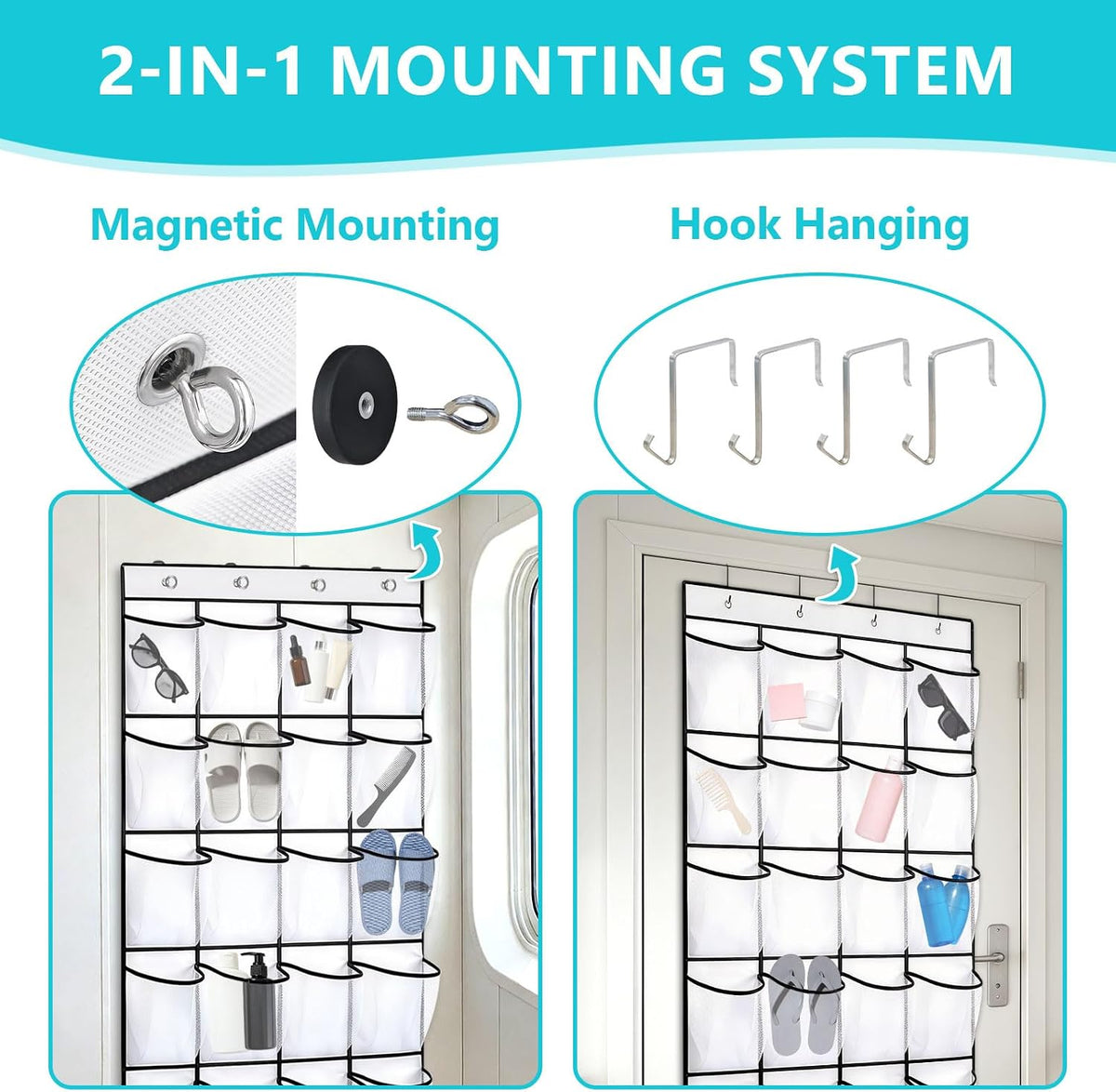 Esoes Cruise Ship Magnetic Door Organizer, 24 Pockets Magnetic Behind the Door Shoe Rack-4 Strong Anti-Scratch Magnets, Over the Door Organizer Cruise Essentials Storage for Cruise Cabin Travel