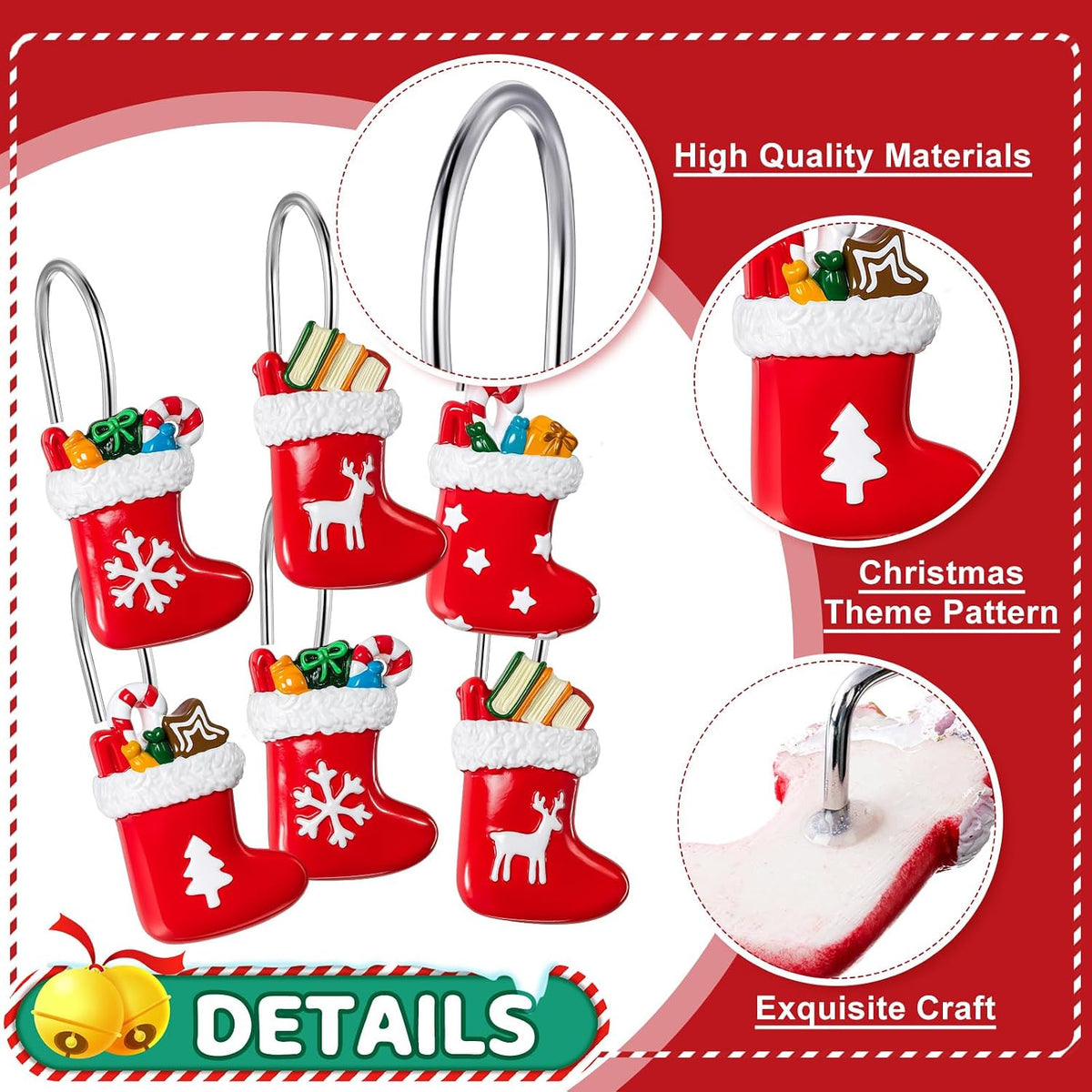 Yungyan 12 Pcs Christmas Shower Curtain Hooks Stocking Curtain Hangers