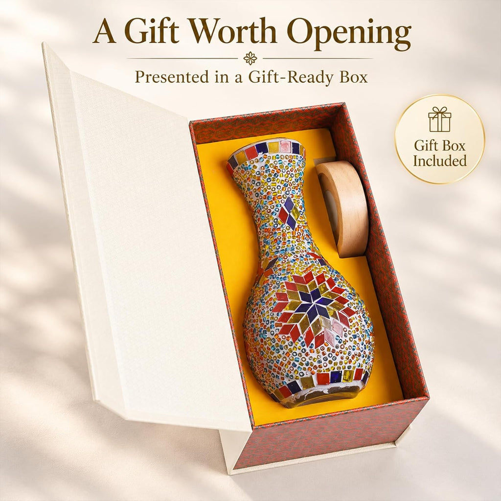 Mosaic Vase Lamp, Turkish Table Lamp with Wood Base, USB LED