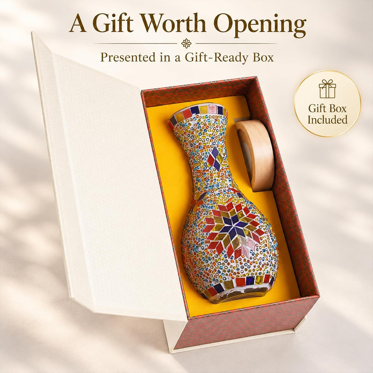 Mosaic Vase Lamp, Turkish Table Lamp with Wood Base, USB LED
