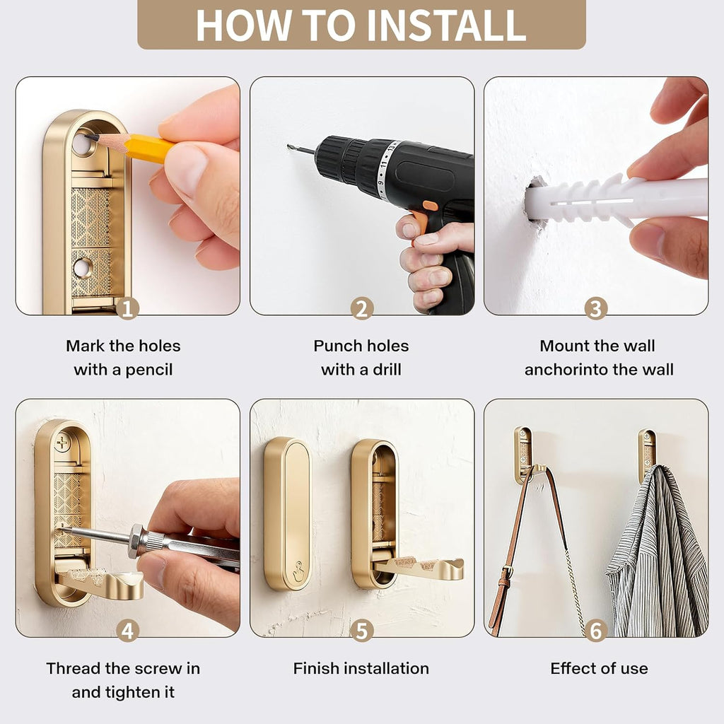Folding Coat Hooks, Zinc Alloy Foldable Gold Wall Hooks Heavy Duty Bathroom Towel Hooks Flip Down Towel Hooks for Hanging Coat Towels Clothes Hat Bags Keys 2 Pack (6, Golden)