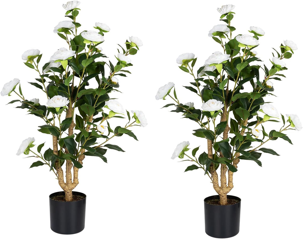 Romantic Season 2Pack Artificial Camellia Tree 3FT, White Faux Camellia Plant Fake Potted Camellia Flower Tree Plastic Camellia Tree for Modern Home Office Living Room Floor Décor Indoor
