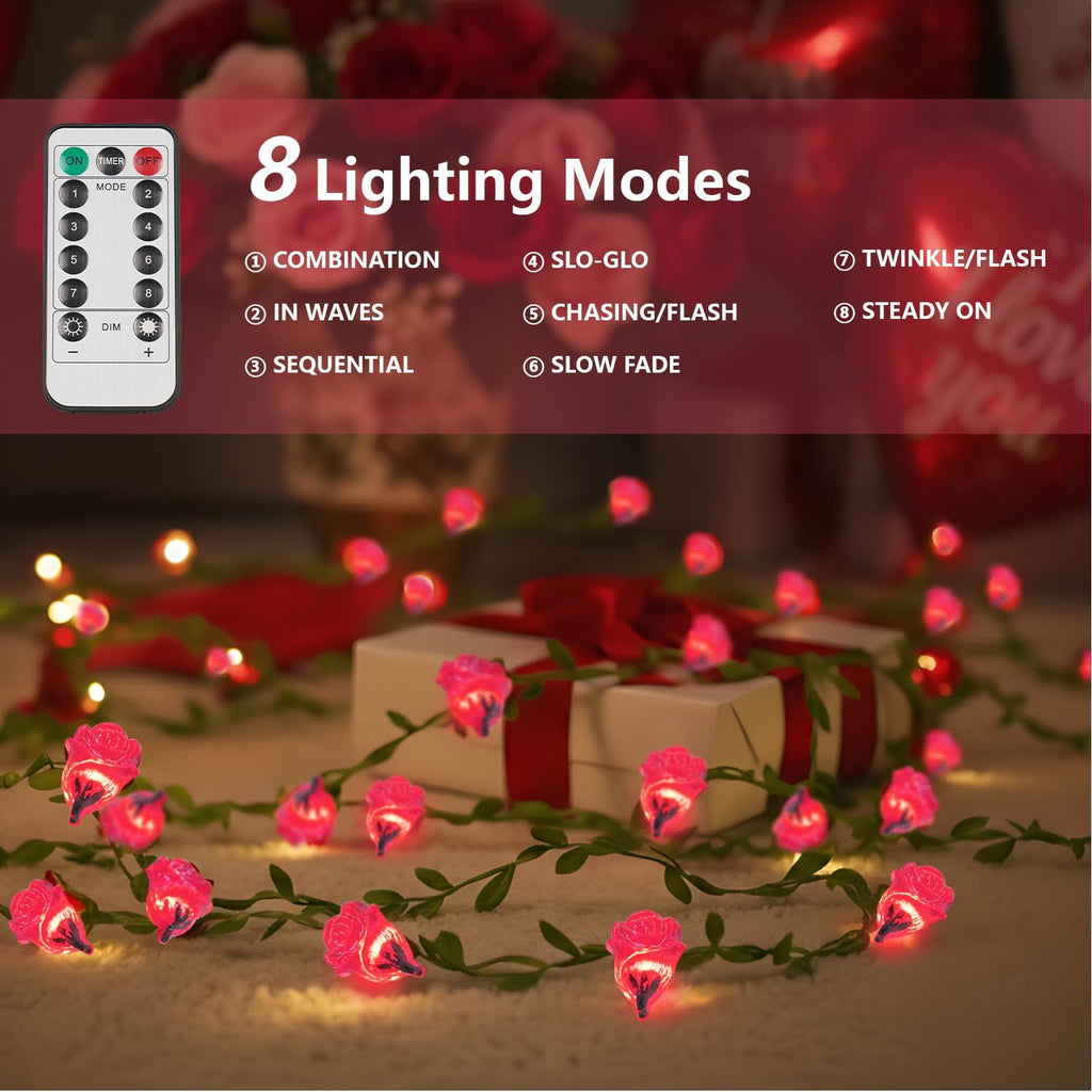 suddus 12.5FT Pink Rose Flower String Lights Battery Powered with Remote