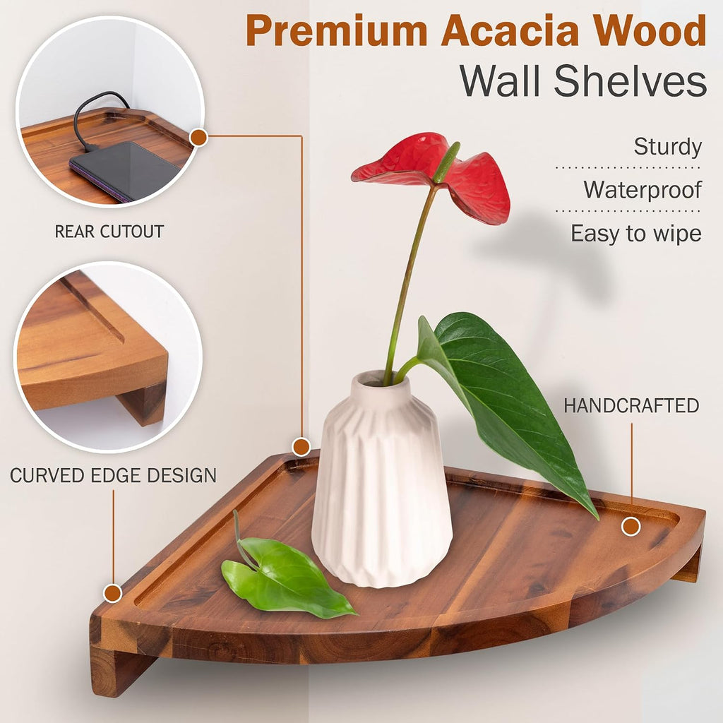 Demigo Round Floating Corner Shelves, Natural Acacia Wall Shelf, Set of 2
