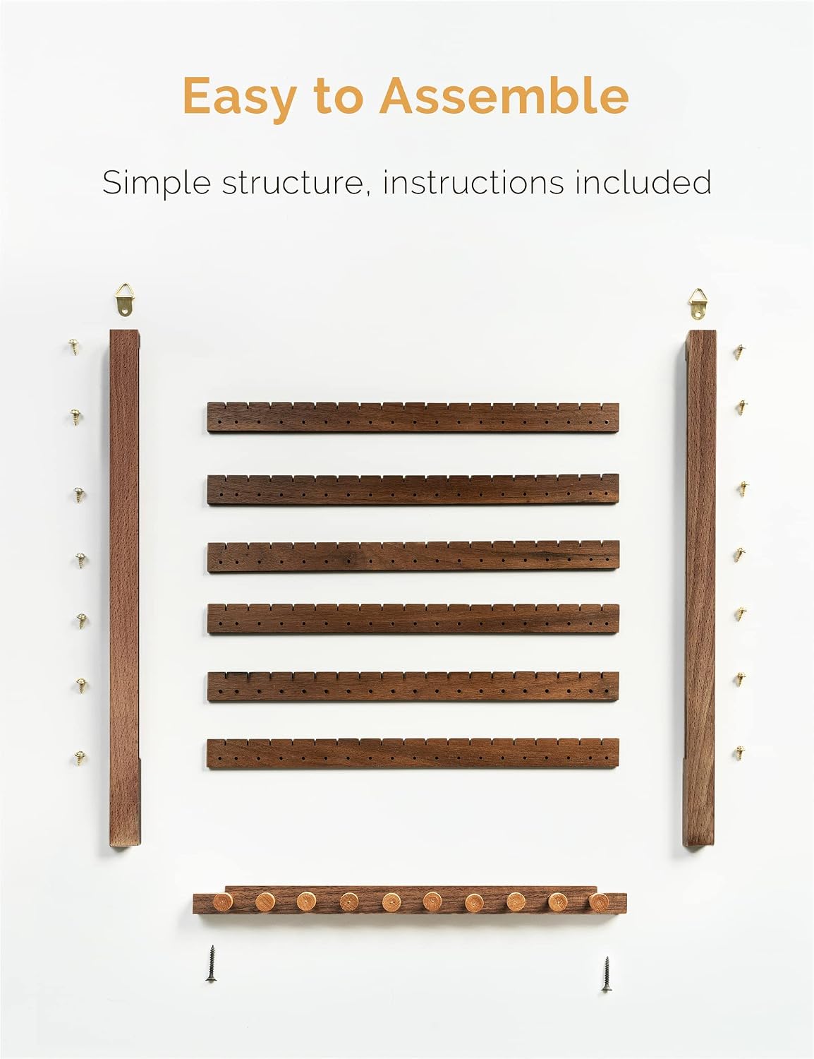 Mymazn Easy Assemble Solid Walnut Wood Earring Wall Holder Hanging Jewelry Organizer Necklace Holder Earring Hanger Wall Mount Jewelry Organizer for Necklaces Rings Scruncies Organization