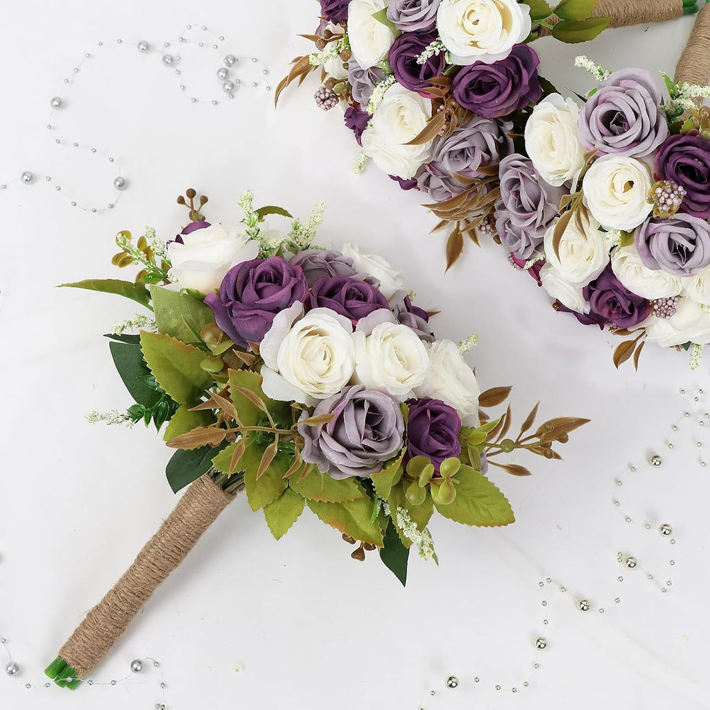 Wedding Bouquet for Bridesmaid 1 Pack - Hand Holding Flower Bouquet 7 Inch Artificial Flower Bouquet for Bride Party Ceremony Anniversary Decor - Dusty Purple & White