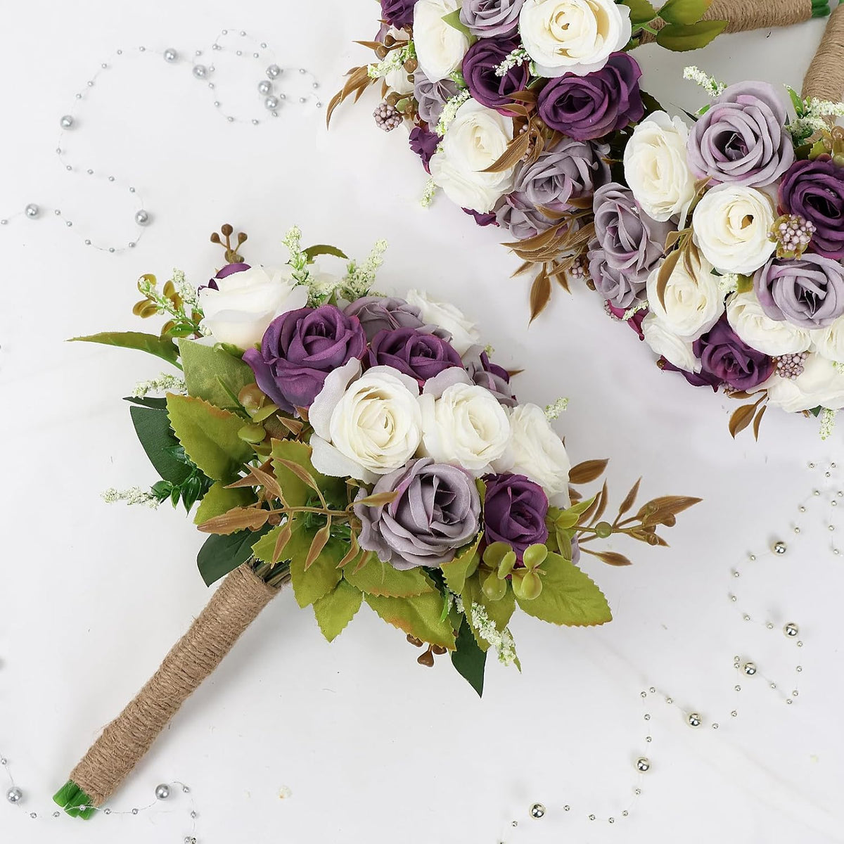 Wedding Bouquet for Bridesmaid 1 Pack - Hand Holding Flower Bouquet 7 Inch Artificial Flower Bouquet for Bride Party Ceremony Anniversary Decor - Dusty Purple & White