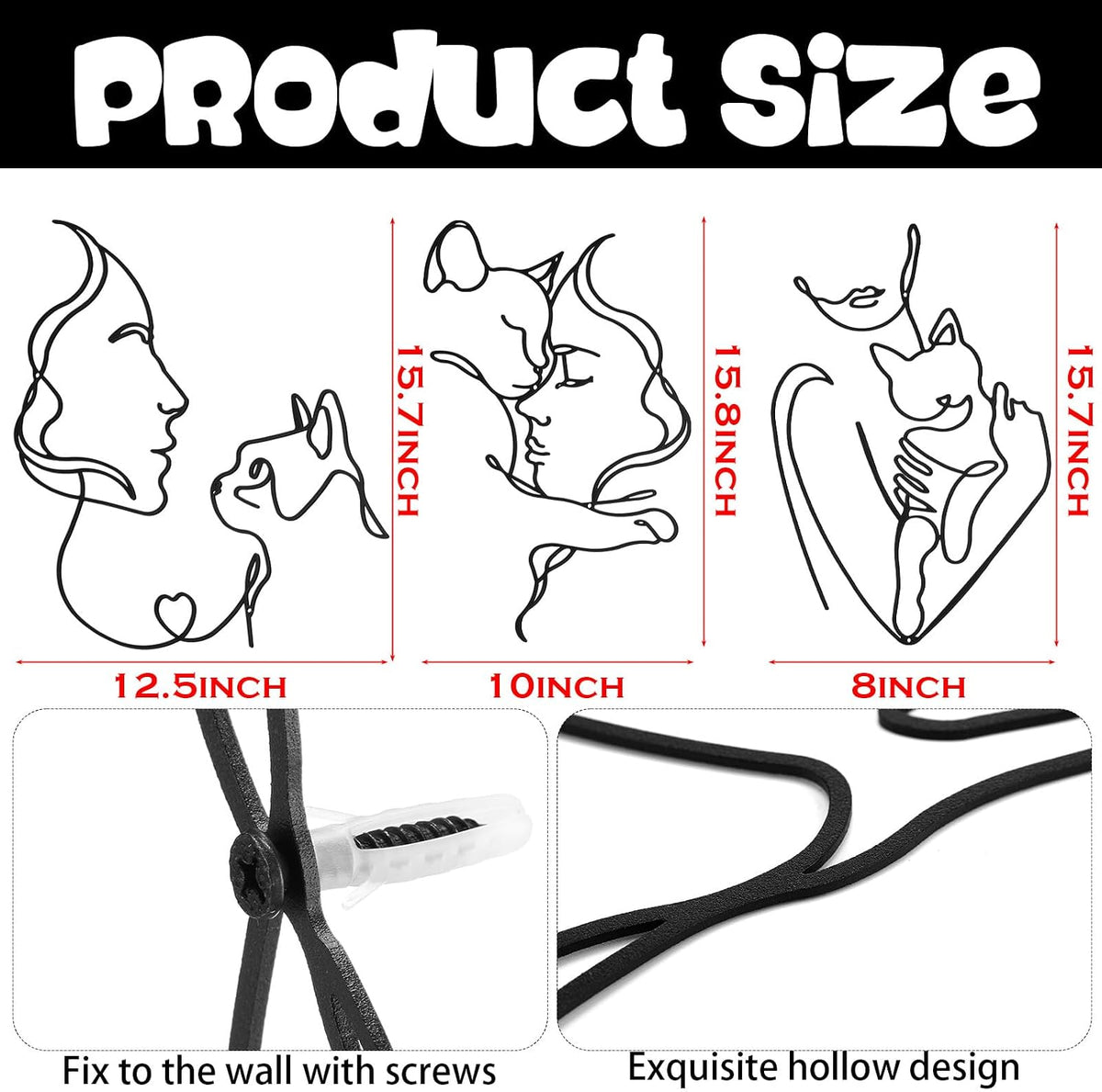 Otoolling 3 Pcs Black Metal Cat Wall Art Decor Women Cats Decor for Cat Lovers Metal Minimalist Girls & Cats Line Drawing Wall Art for Bedroom Living Room Bathroom(Classic)