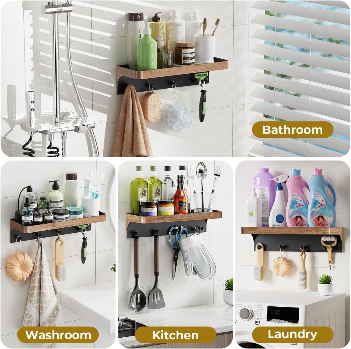 Shower Caddy Adhesive with 5 Hooks & Drainage, No-Drill, Wood
